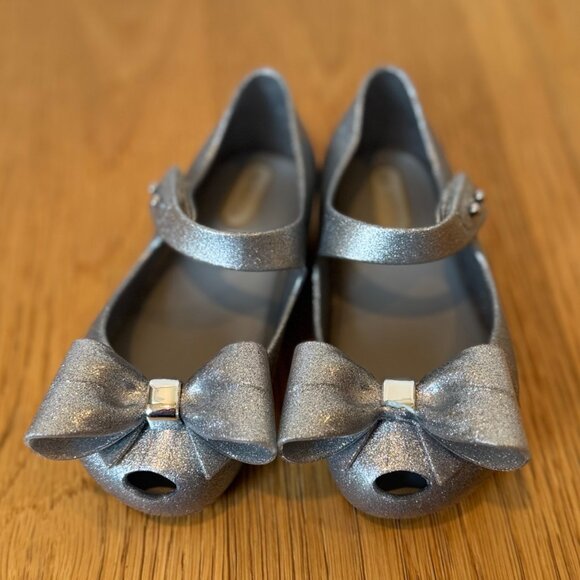Mini Melisa Silver Glitter Toddler Dress Shoes Size 8 with Bow Ultragirl BB Flat - Picture 5 of 6